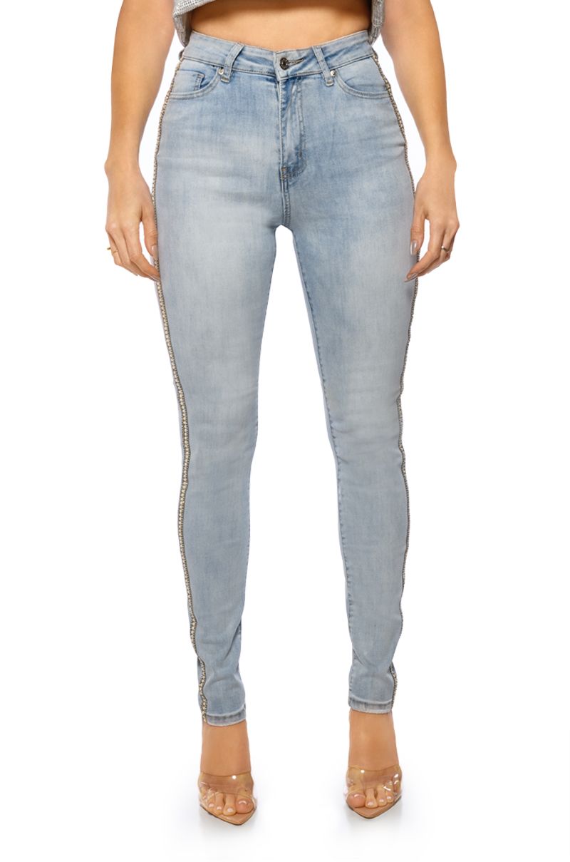 Women's Pearl Skinny Jeans Classic High-Waist Slimming Rhinestone