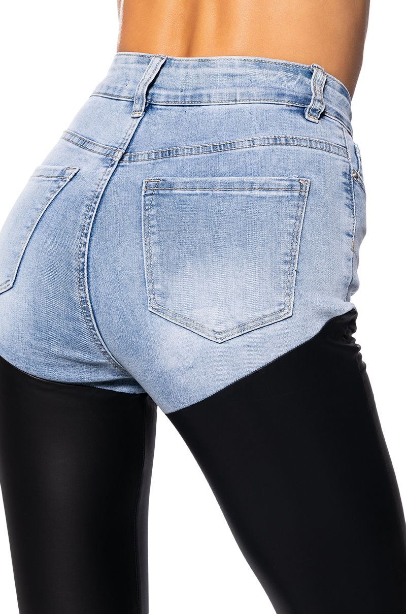 DENIM FAUX EXTREME JEANS FLEX MEDIUM FIT BLUE STRETCH SKINNY HIGH IN WITH LEATHER WAIST