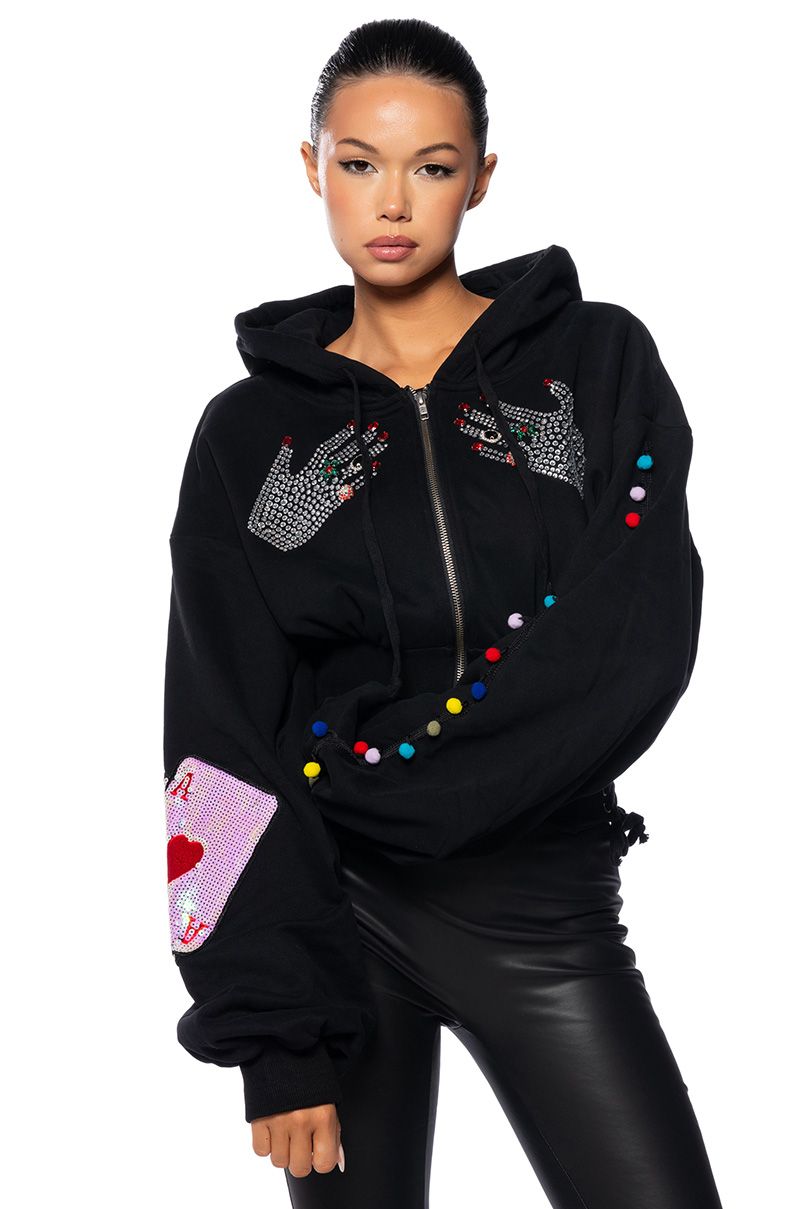 HANDS ALL OVER EMBELLISHED LACE UP HOODIE in black