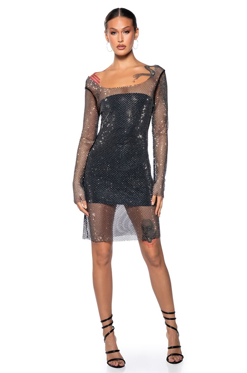 Women's All About Me Mesh Rhinestone Mini Dress in Black - Size L