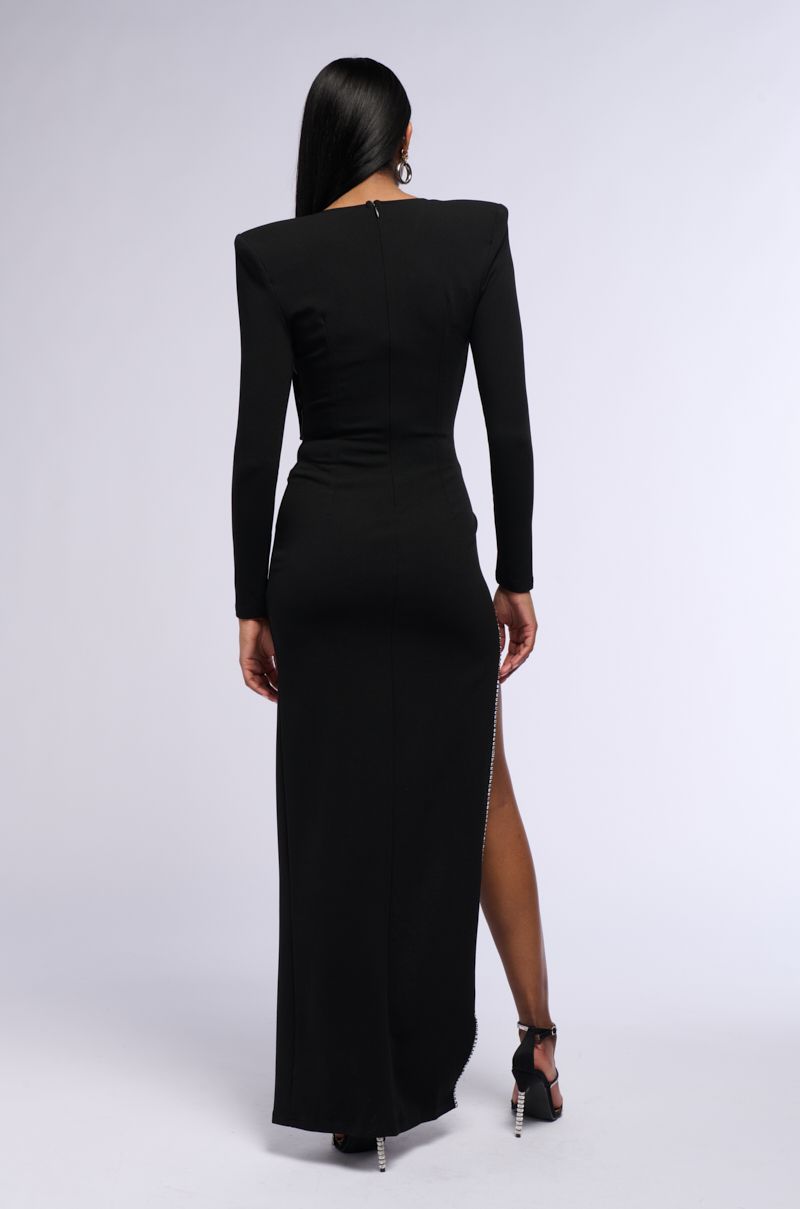 LEADER OF THE PACK LONG SLEEVE HIGH SLIT GOWN in black