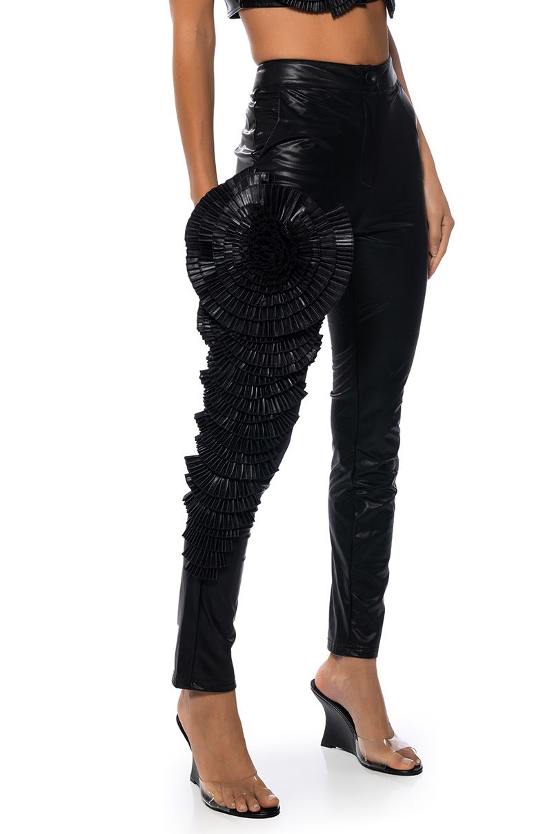 LOTUS FLOWER BOMB FAUX LEATHER FLARE PANT in black