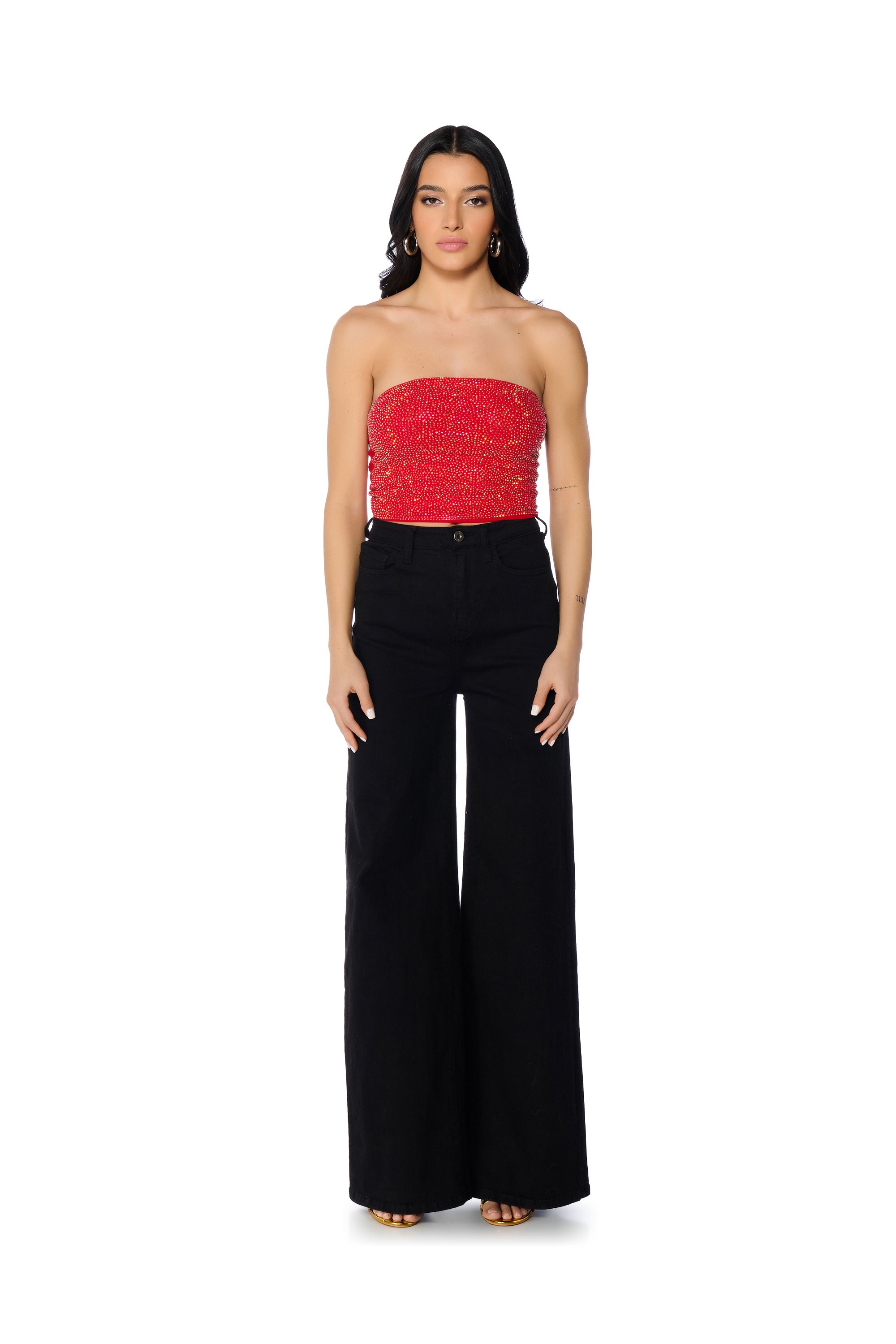 MATERIAL GIRL RHINESTONE EMBELLISHED TUBE TOP IN RED