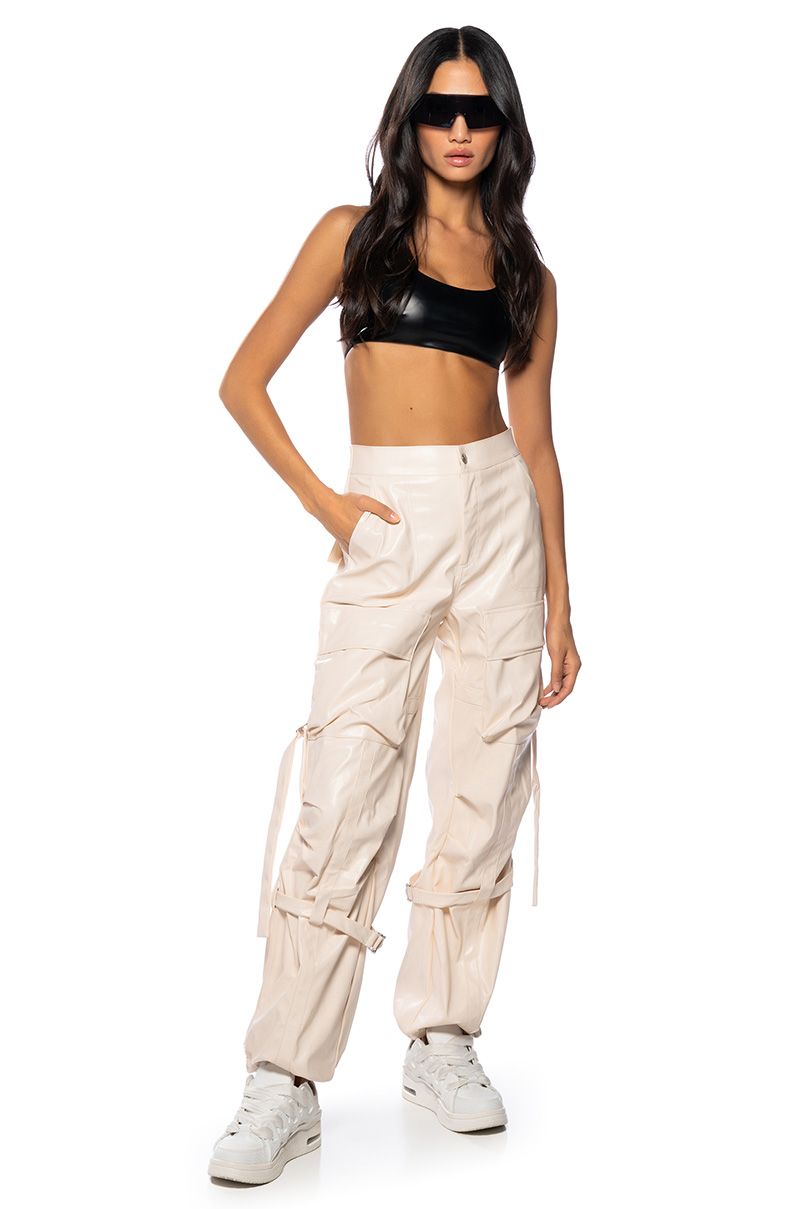 MOVING UP CARGO FAUX LEATHER PANT IN BEIGE