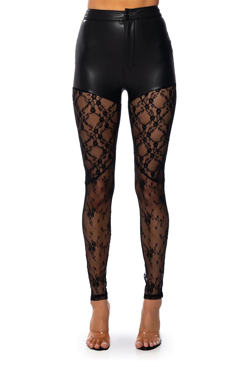 RIO LACE AND FAUX LEATHER HIGH WAIST PANT WITH 4 WAY