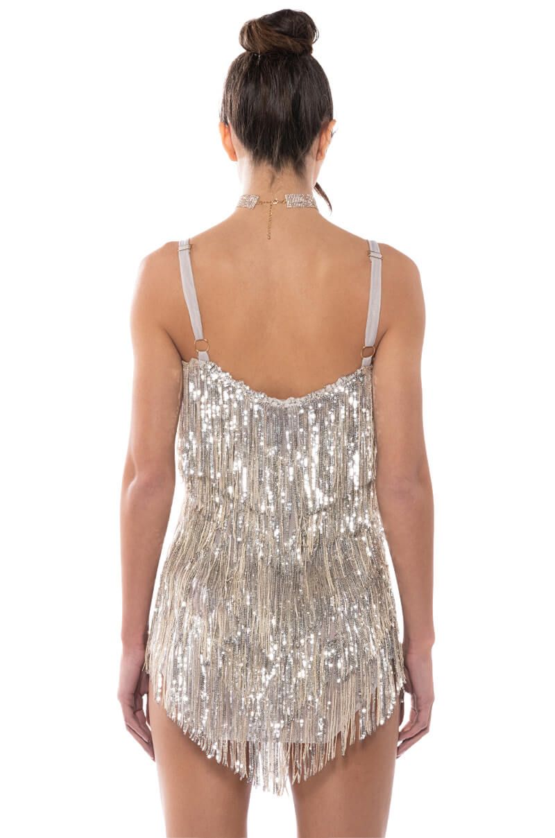 2022 NEW Sexy Silver Mirror Sequined Fringe Bodysuit Mini Dress