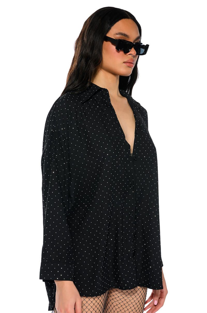 SPARKLE MOTION EMBELLISHED OPEN BACK BUTTON UP BLOUSE IN BLACK