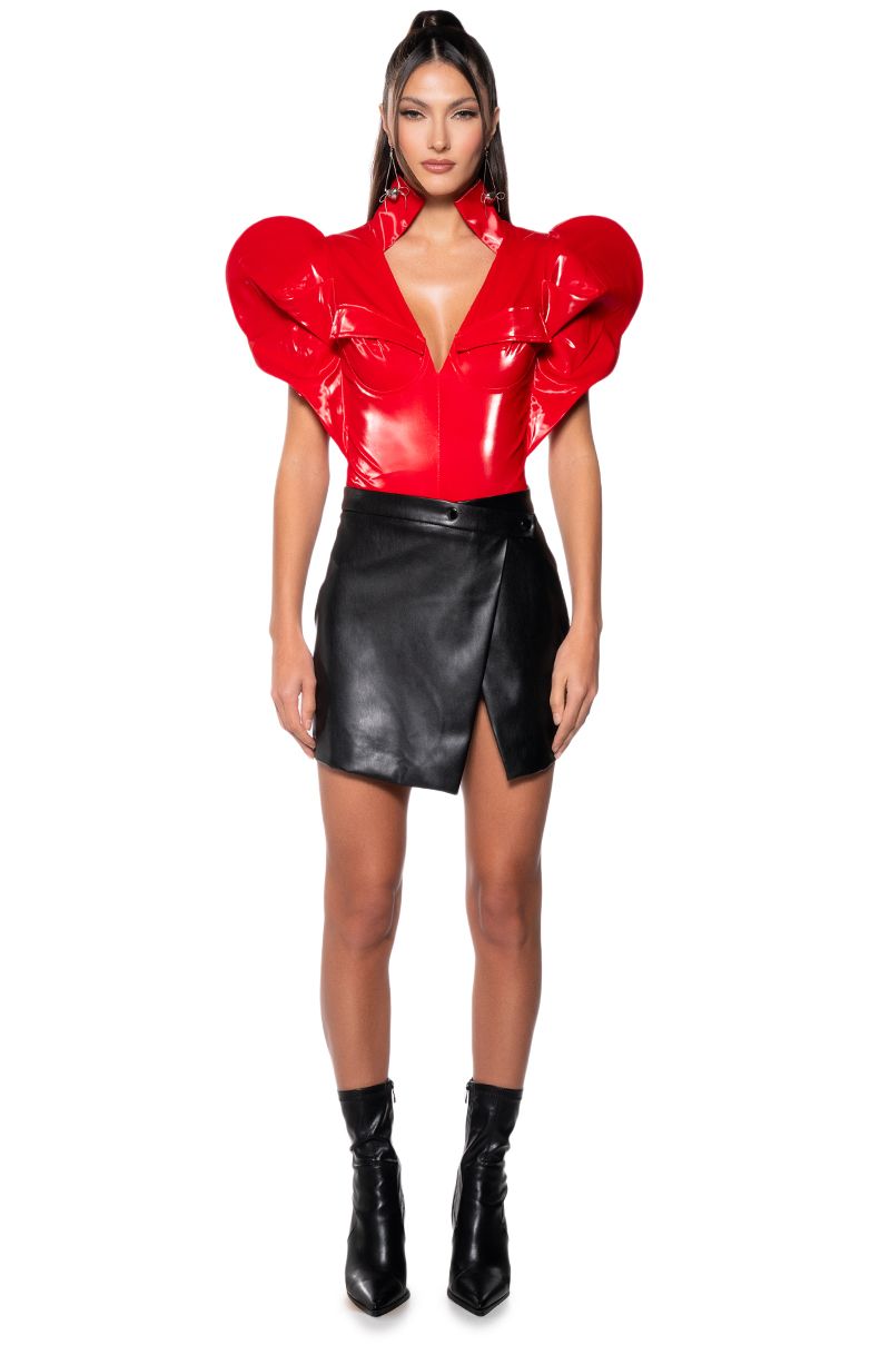VERONICA DRAMATIC SHOULDER COLLARED BODYSUIT IN RED