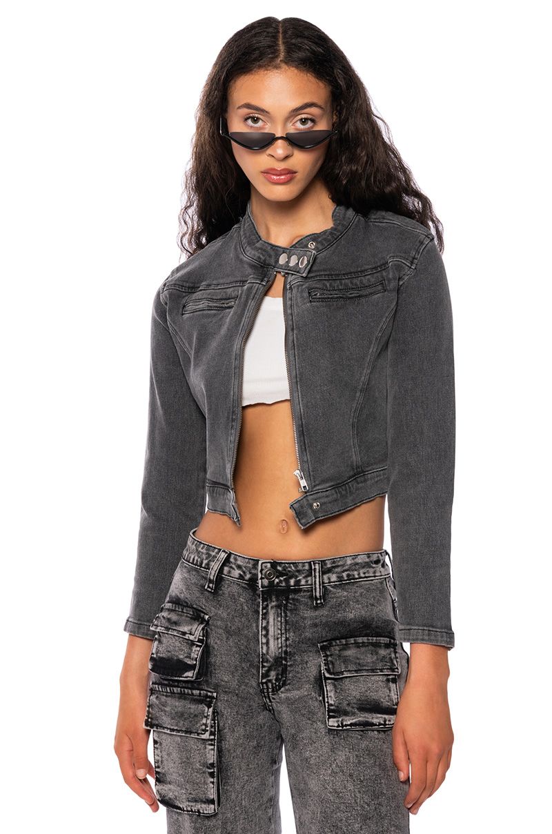 ON THE GO WASHED GREY DENIM MOTO JACKET IN CHARCOAL