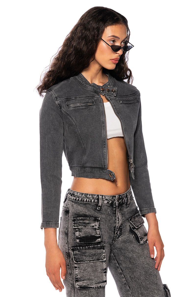 ON THE GO WASHED GREY DENIM MOTO JACKET IN CHARCOAL