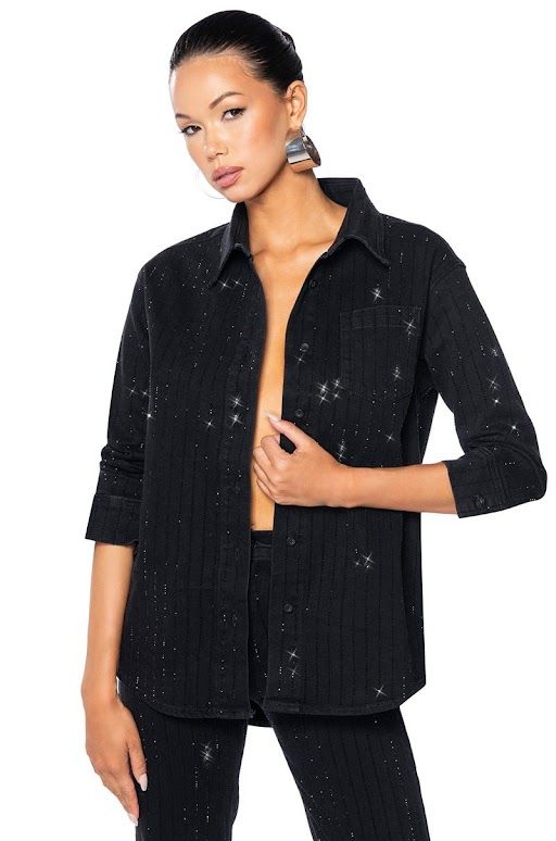 Buy DEPANO Women's Casual Embellished Cotton Rhinestone Shirt (Black_XS) at