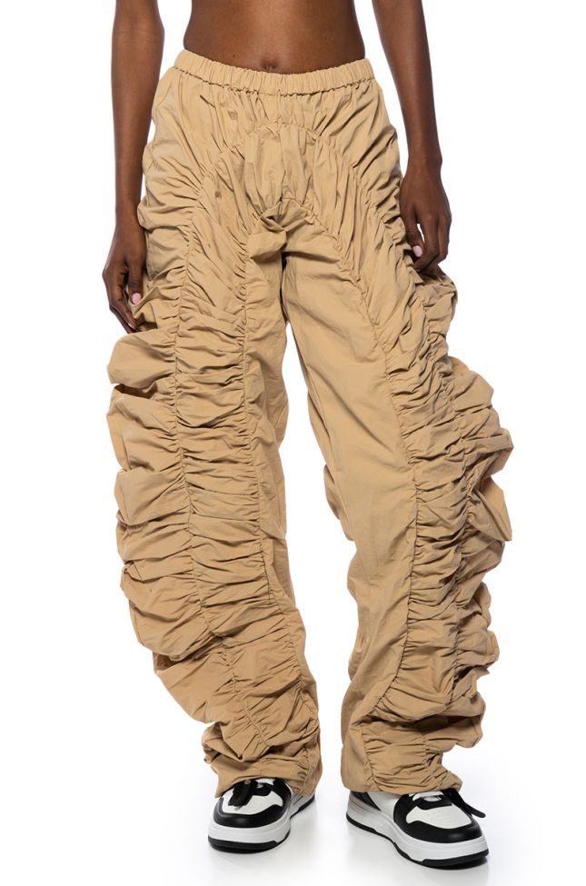 JAYCE RUCHED NYLON WIDE LEG PANT in BEIGE