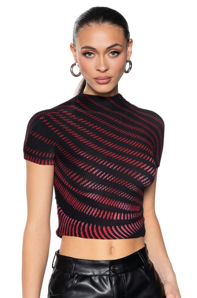 Front View Adriana Textured Cap Sleeve Top In Red And Black