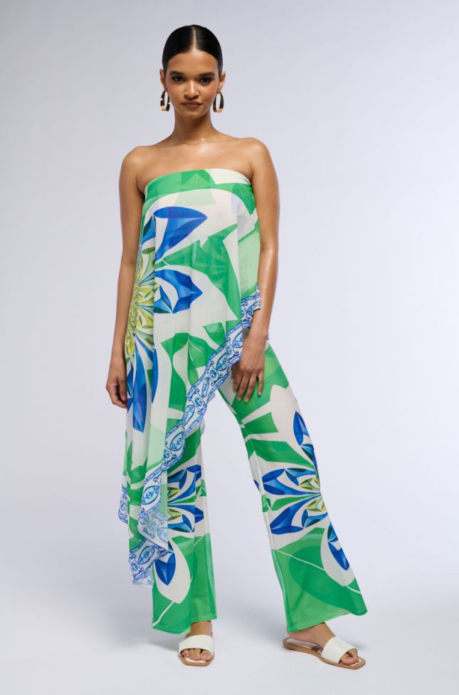 Front View All About Me Printed Mesh Jumpsuit