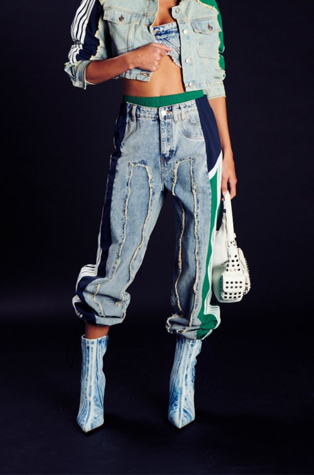 Front View All Around The World Patchwork Denim Jogger Pant In Green Multi
