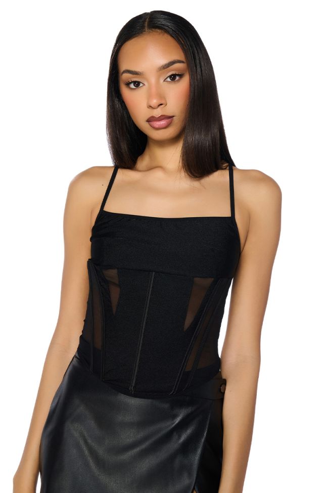 BUCKLED UP FAUX LEATHER SPIKED CORSET TOP in black