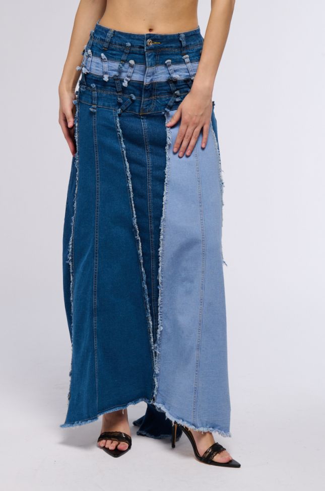 Front View All Over Distressed Denim Skirt