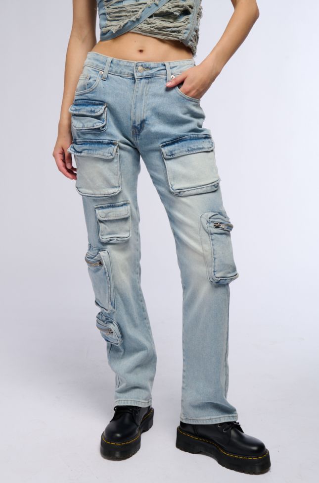 Front View All Over Pocket Detail Relaxed Fit Jeans