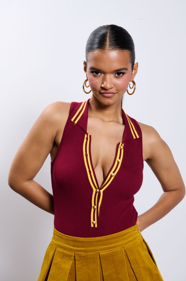 Front View Always Lucky Ribbed Sleeveless Bodysuit In Burgundy