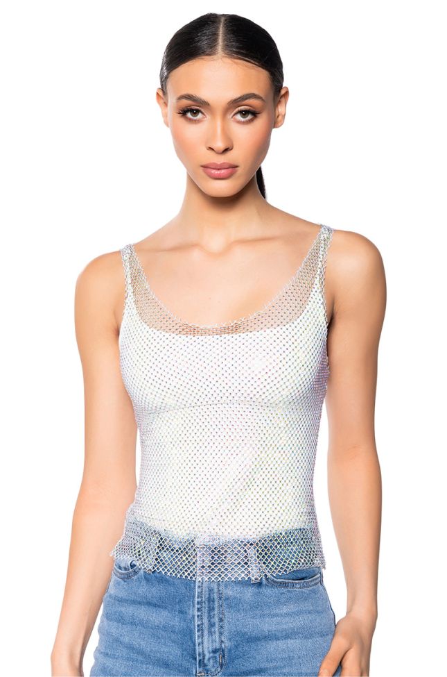 Front View Angel Vibes Rhinestone Mesh Tank In Silver