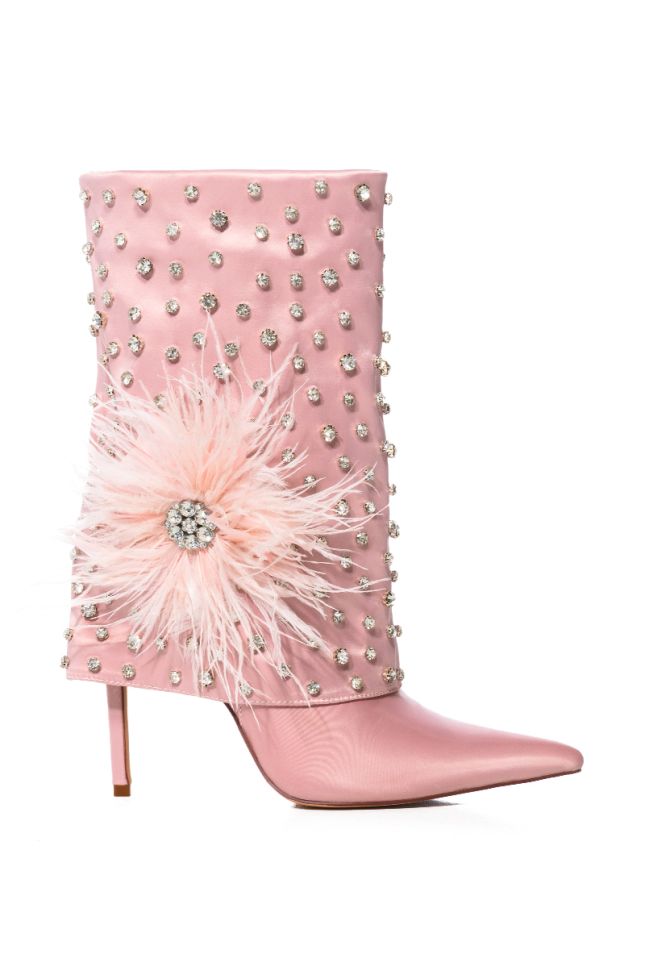 Side View Azalea Wang Blaise Pink Diamond Studded Boot With Flower Detail