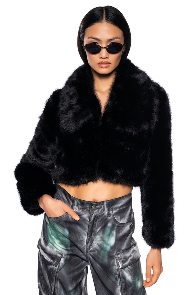 Front View Azalea Wang Breaking Free Cropped Faux Fur Coat In Black