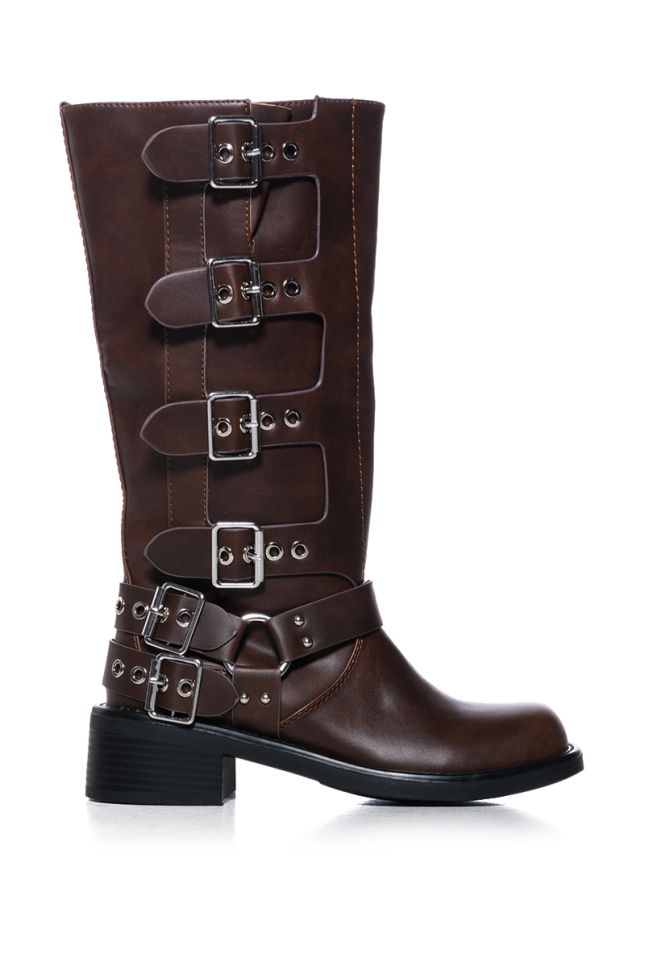 Side View Azalea Wang Buckled Up Brown Riding Bootie