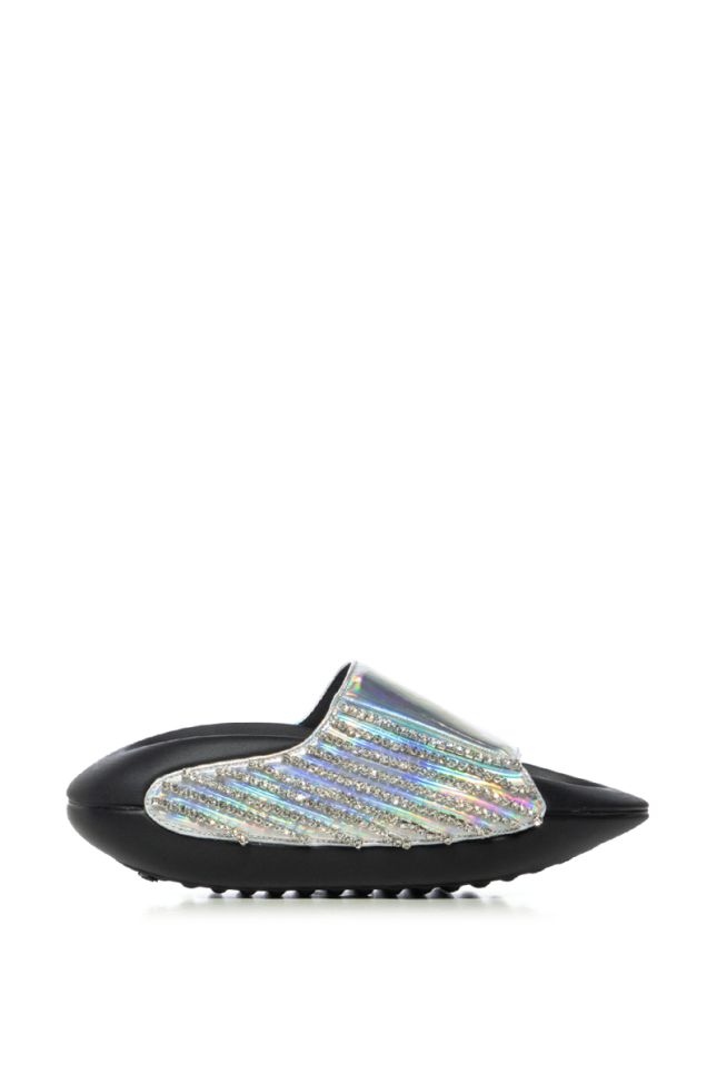 Back View Azalea Wang Buggy Holographic Embellished Slide In Silver