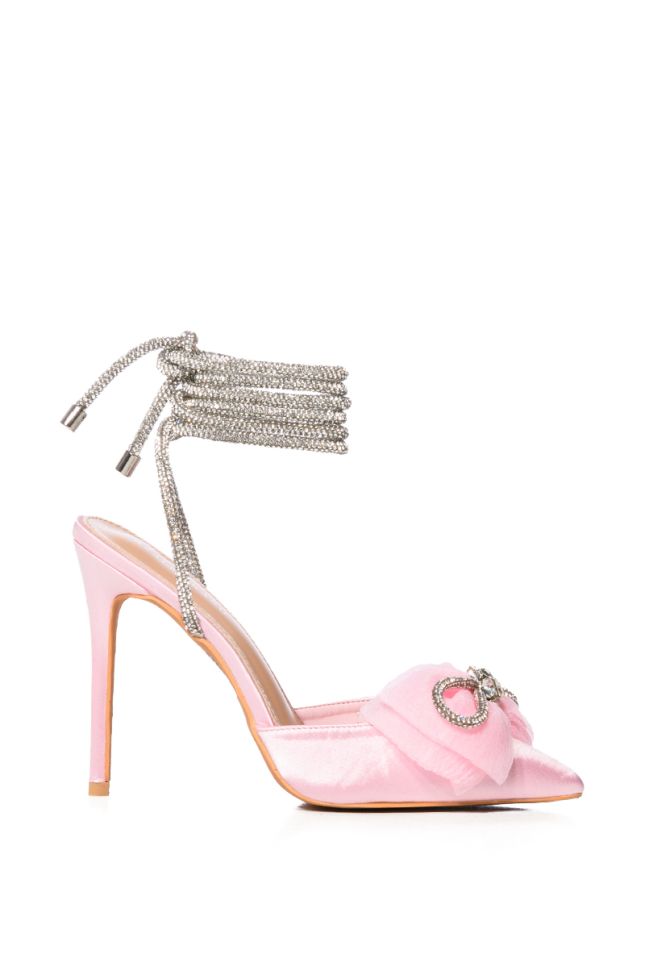 Side View Azalea Wang Chante Embellished Lace Up Pump With Bow In Pink