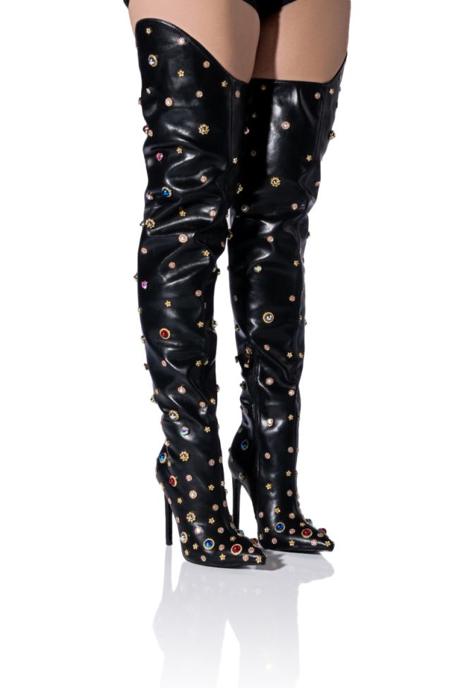Front View Azalea Wang Her Majesty Embellished Above The Knee Boot In Black