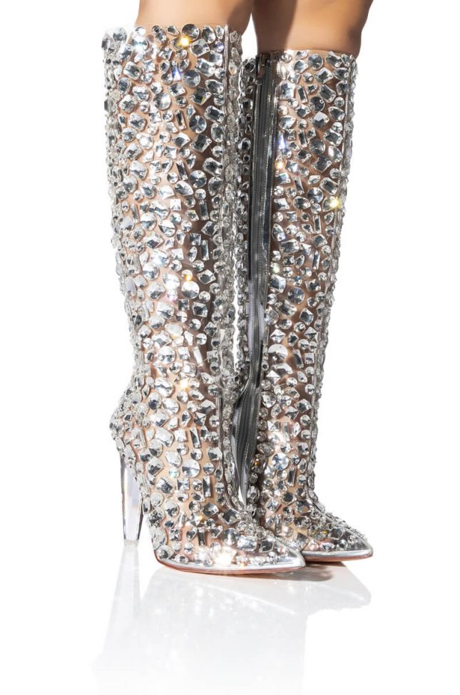 Front View Azalea Wang Honey Embellished Pvc Boot In Silver