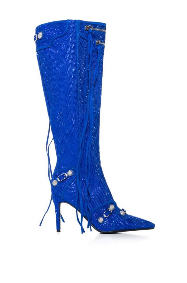 Side View Azalea Wang Just For You Rhinestone Stiletto Boot In Blue