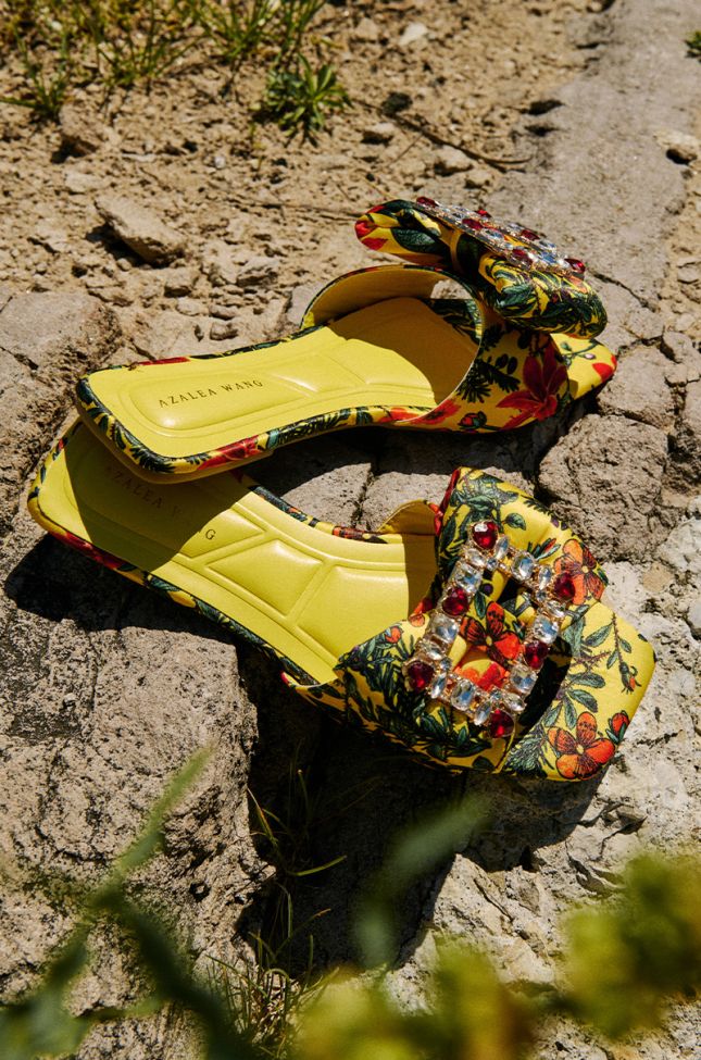 Extra View Azalea Wang Kestrell Yellow Floral Rhinestone Buckle Sandal
