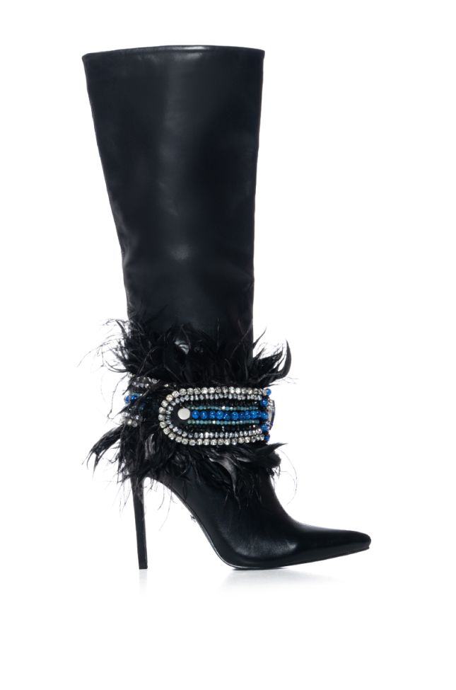 Extra View Azalea Wang Lead The Way Feather Embellished Knee High Boot In Black