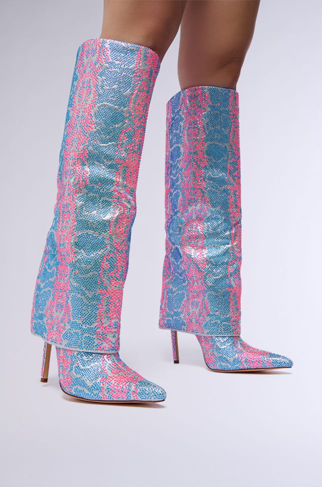 Front View Azalea Wang Luxer Pink And Blue Multi Rhinestone Boot