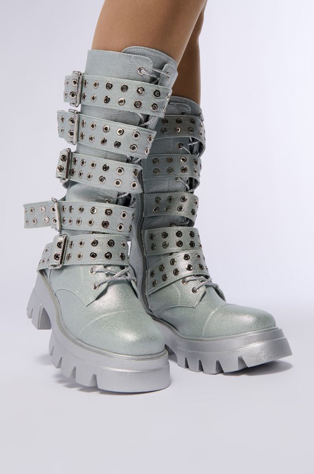 Front View Azalea Wang Mansi Silver Buckle Detail Boot