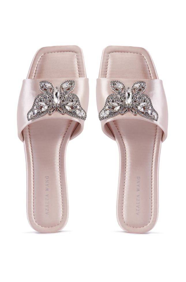 Front View Azalea Wang Mariano Rose Gold Satin Butterfly Slip On Flat Sandal