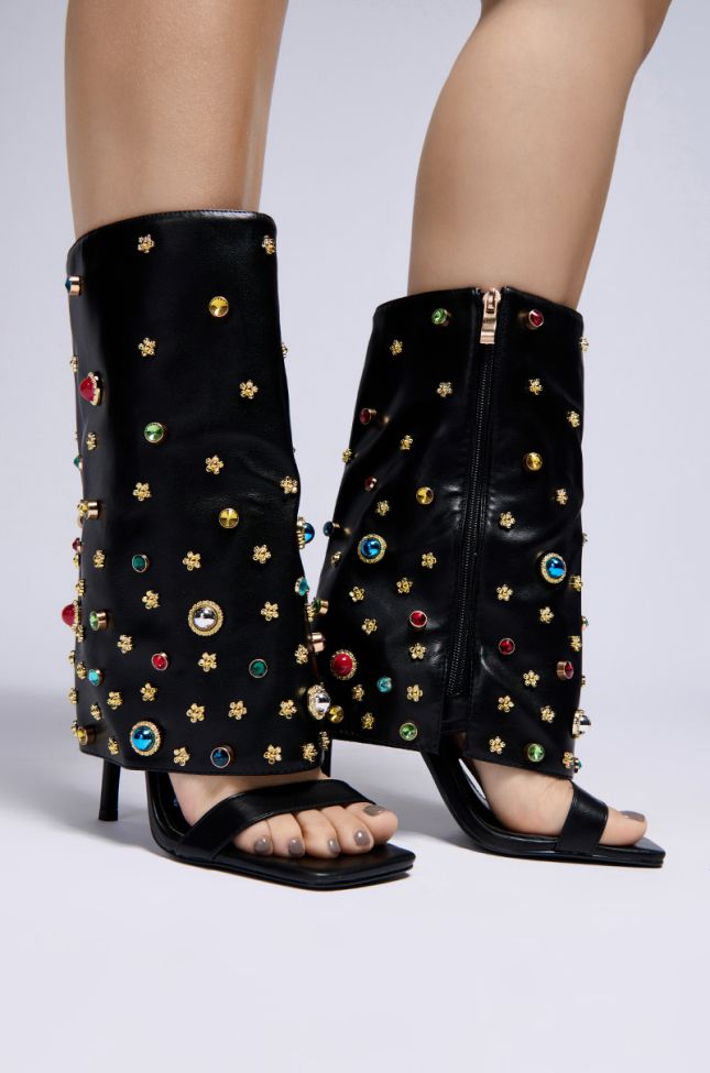 Extra View Azalea Wang Mitsue Black Embellished Fold Over Open Toe Sandal Boot
