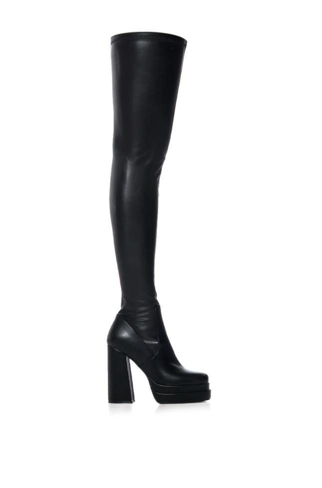 Side View Azalea Wang On My Way Thigh High Platform Boot With 4 Way Stretch In Black
