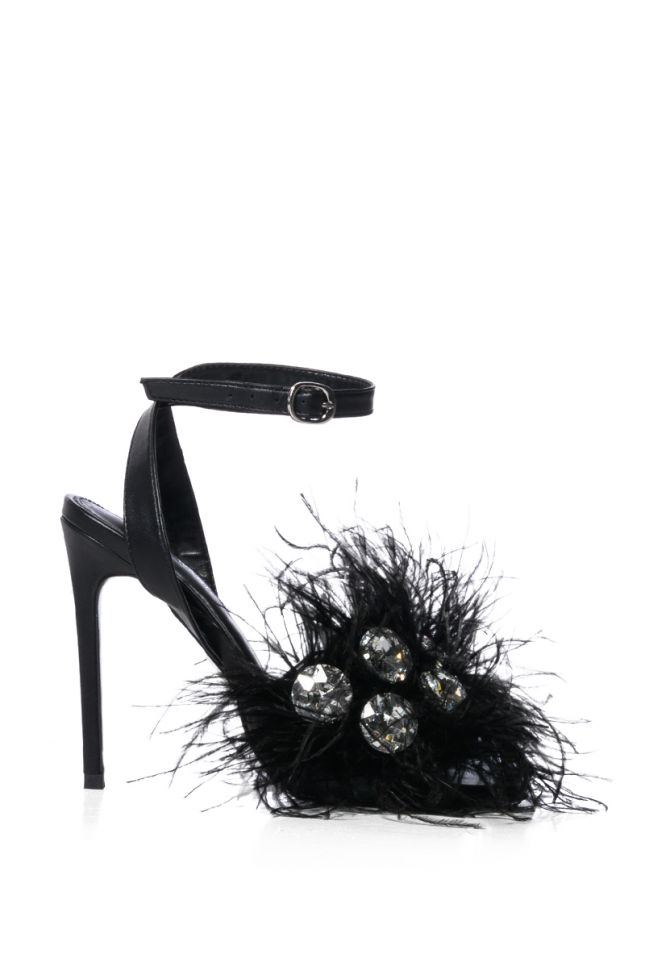 Side View Azalea Wang Party Time Embellished Feather Stiletto Sandal In Black