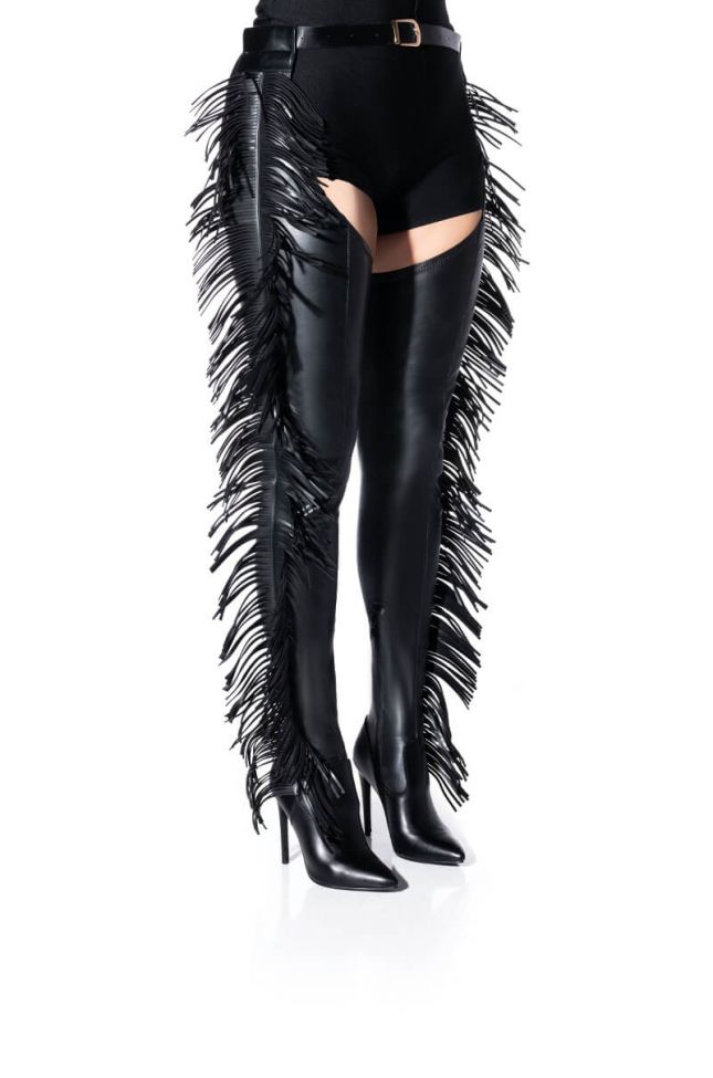 Front View Azalea Wang Ride At Dawn Belted Thigh High Stiletto Fringe Chap Boot