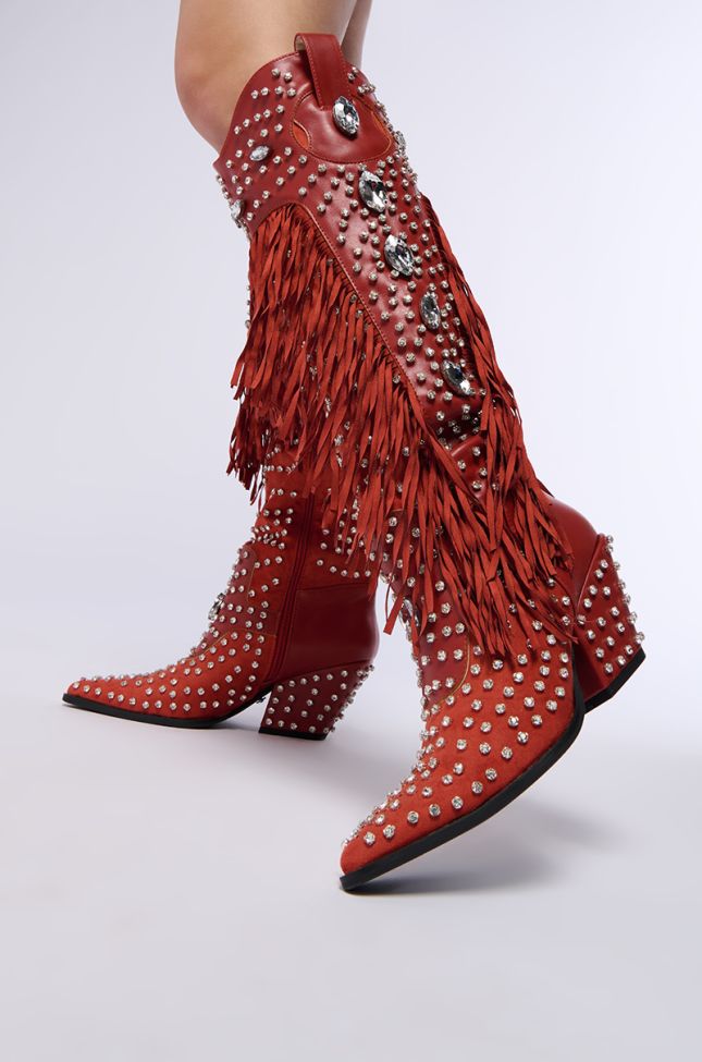 Front View Azalea Wang Tadao Red Embellished Western Boot