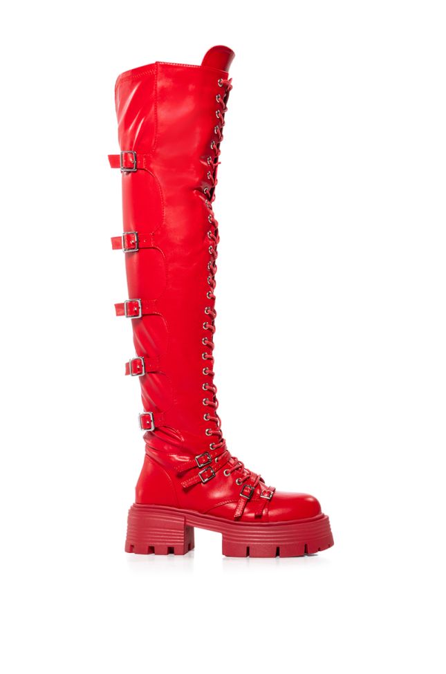 Side View Azalea Wang Take Five Red Over The Knee Lace Up Boot