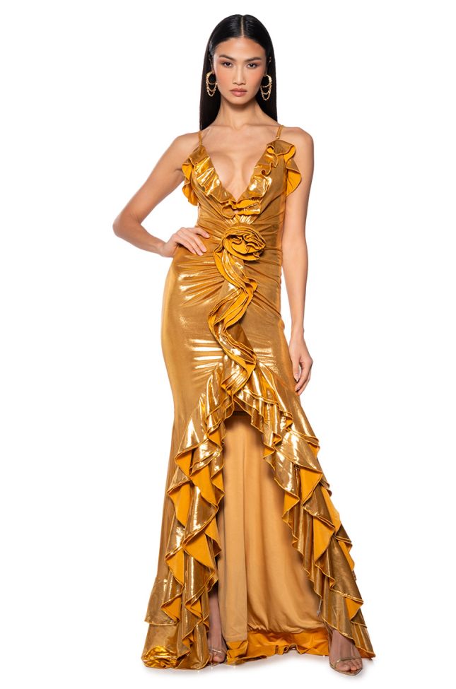 Front View Belle Of The Ball Metallic Trumpet Maxi Dress