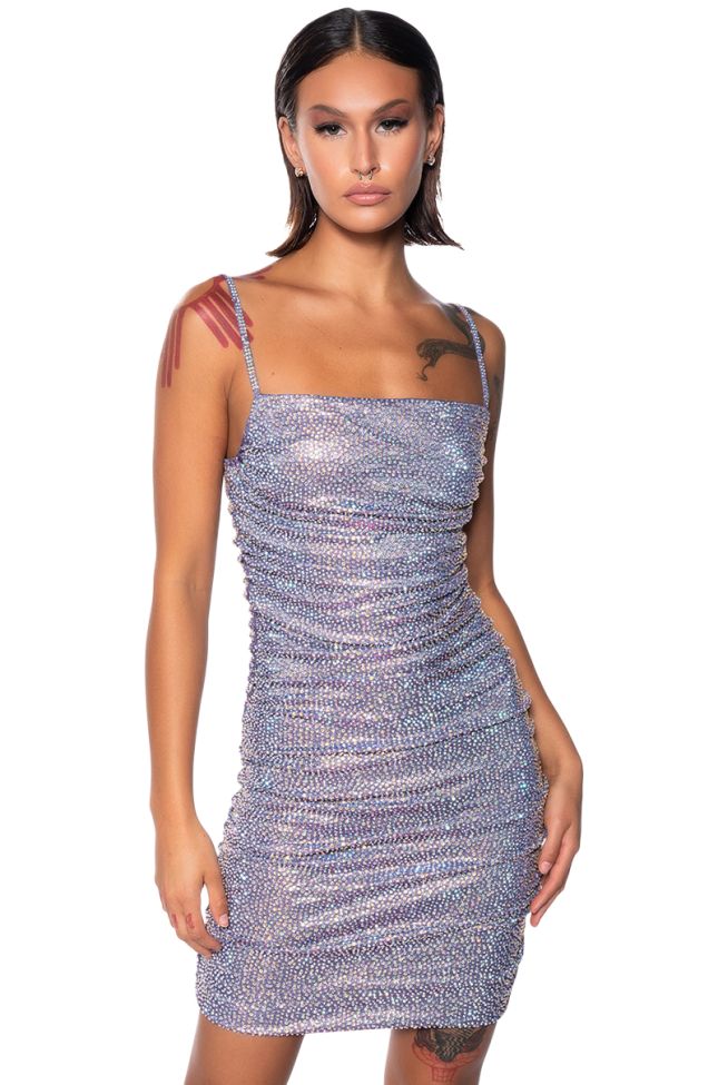 Front View Better Than Ever Ruched Rhinestone Mini Dress