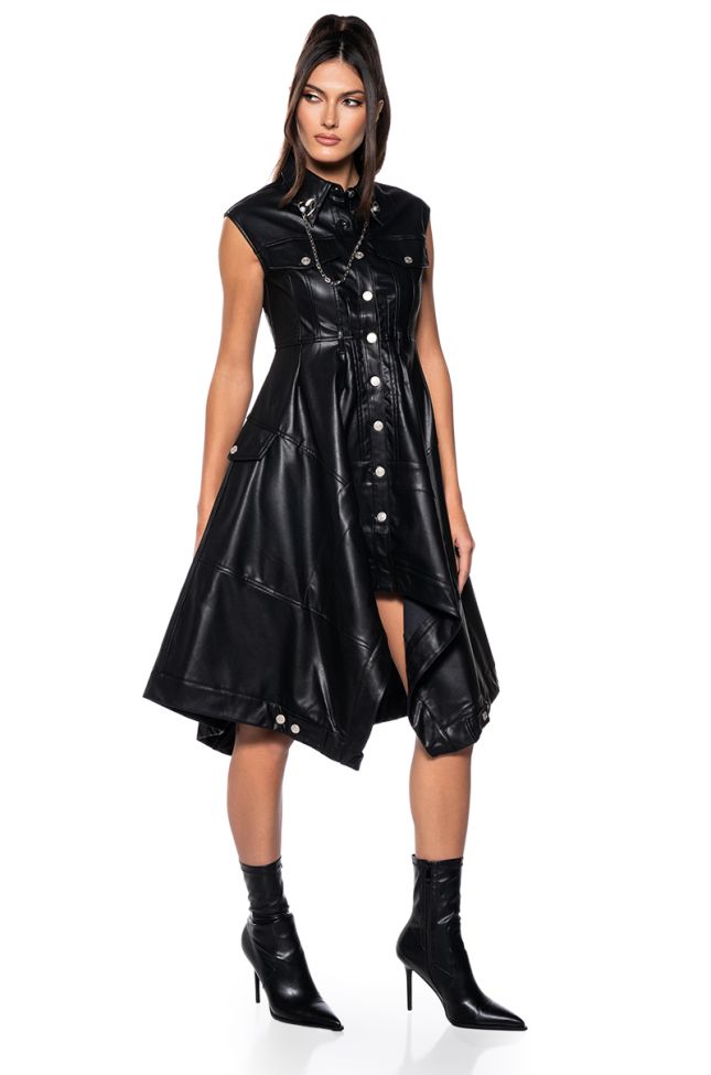Side View Blaire Flared Faux Leather Mini Dress