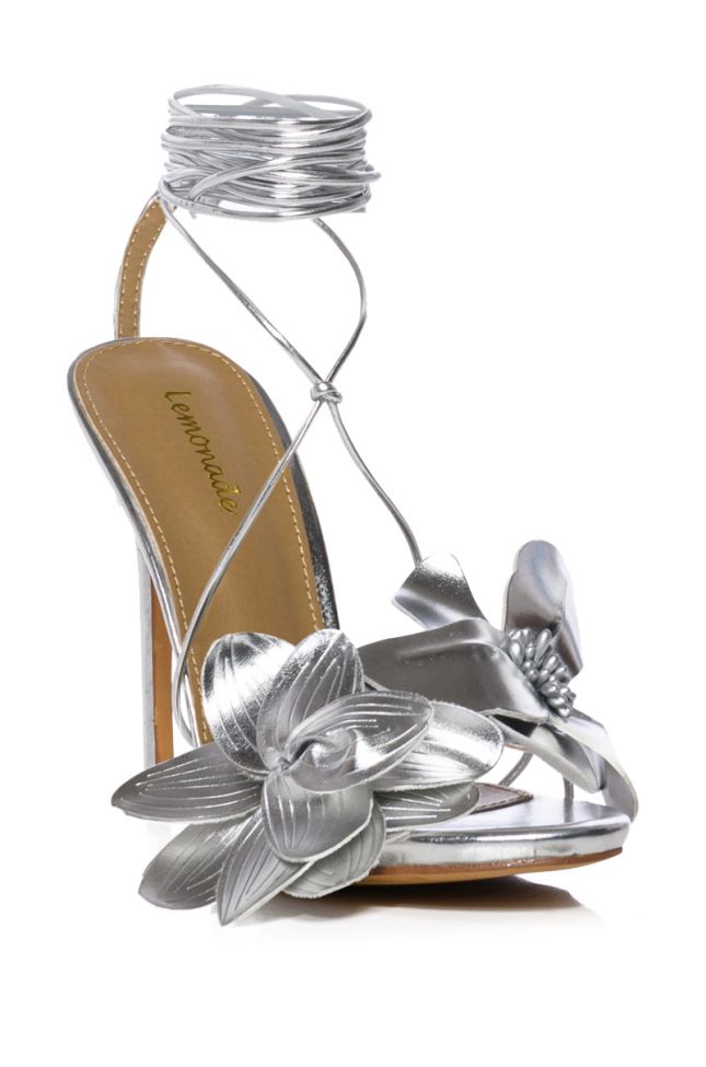 Detail View Blooming Flower Strappy Stiletto Sandal In Silver