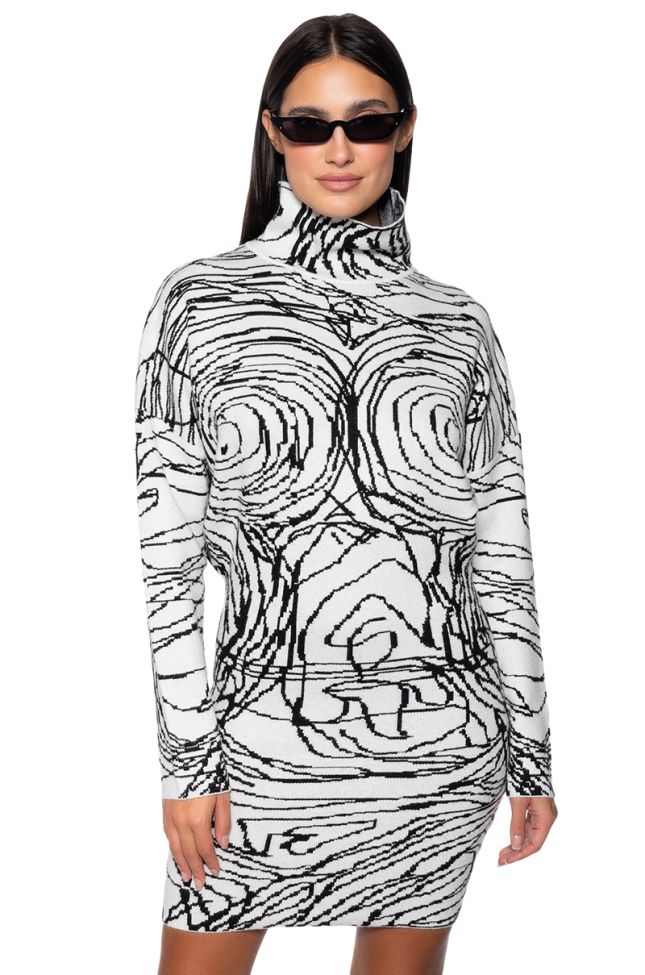 Front View Body Work Abstract Long Sleeve Knit Mini Dress