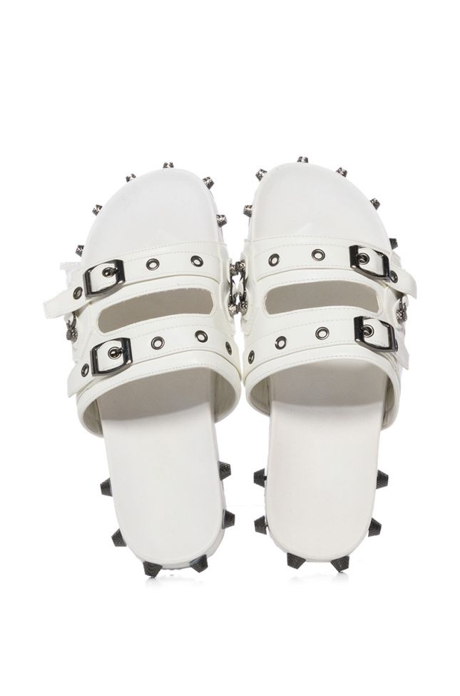 Side View Chaotic Studded Flat Sandal In White