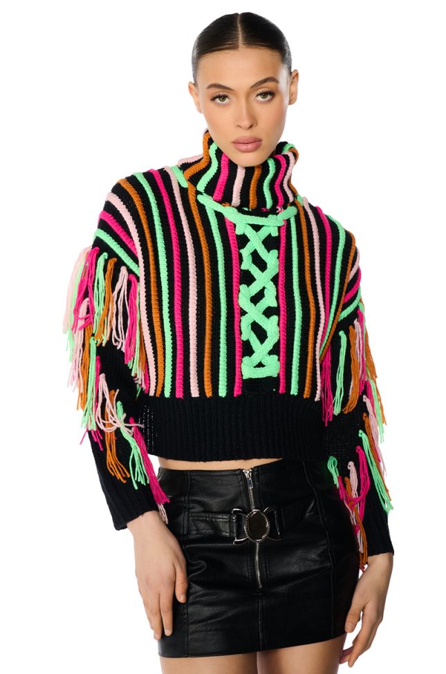 Front View Check It Out Long Sleeve Vibrant Fringe Detail Sweater